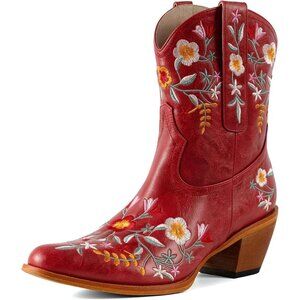 Women's Chunky Heel Ankle Snip Square Toe Flower Embroidered Western Red Boot